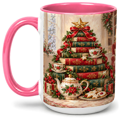 #pl[15oz|Pink] Christmas Book Tree Tea Accent Ceramic Mug, Oil Painting Style