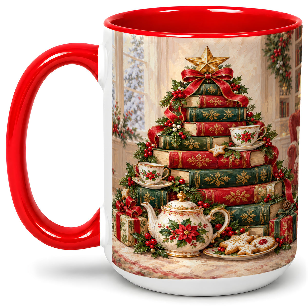#pl[15oz|Red] Christmas Book Tree Tea Accent Ceramic Mug, Oil Painting Style