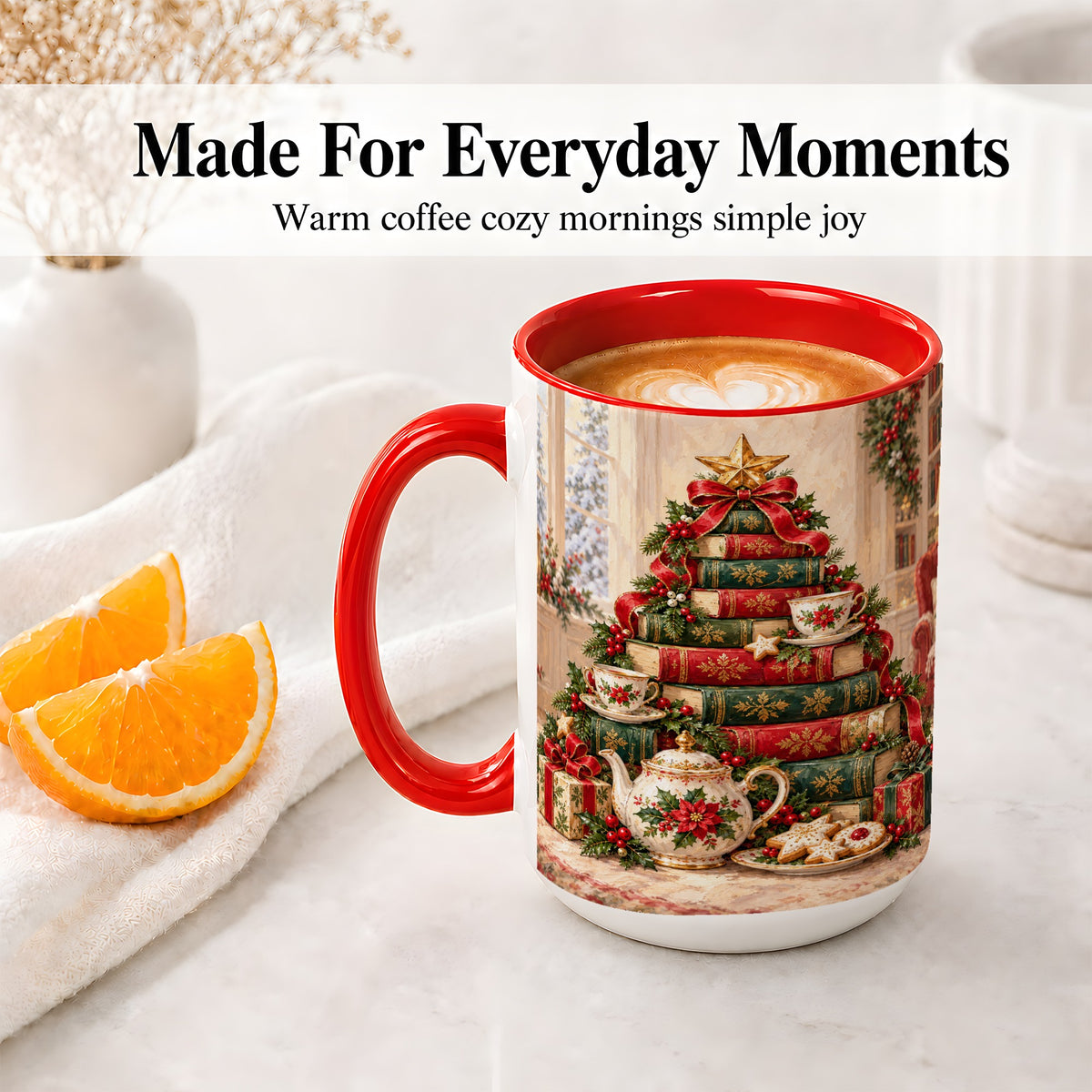 #pl[15oz|Red] Christmas Book Tree Tea Accent Ceramic Mug, Oil Painting Style