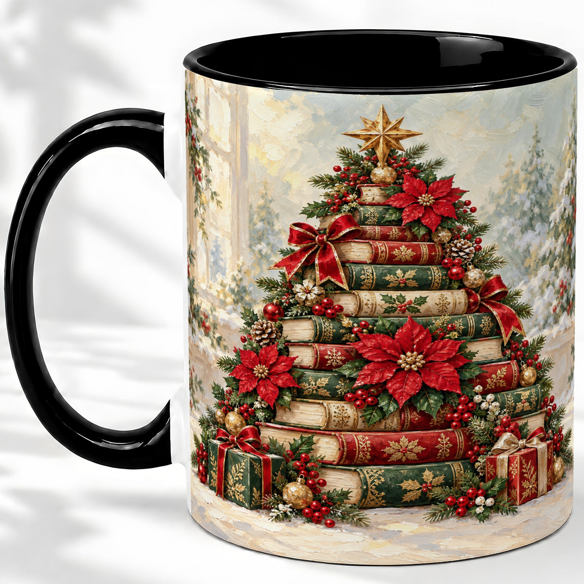 #pl[11oz|Black] Poinsettia Christmas Book Tree Accent Ceramic Mug