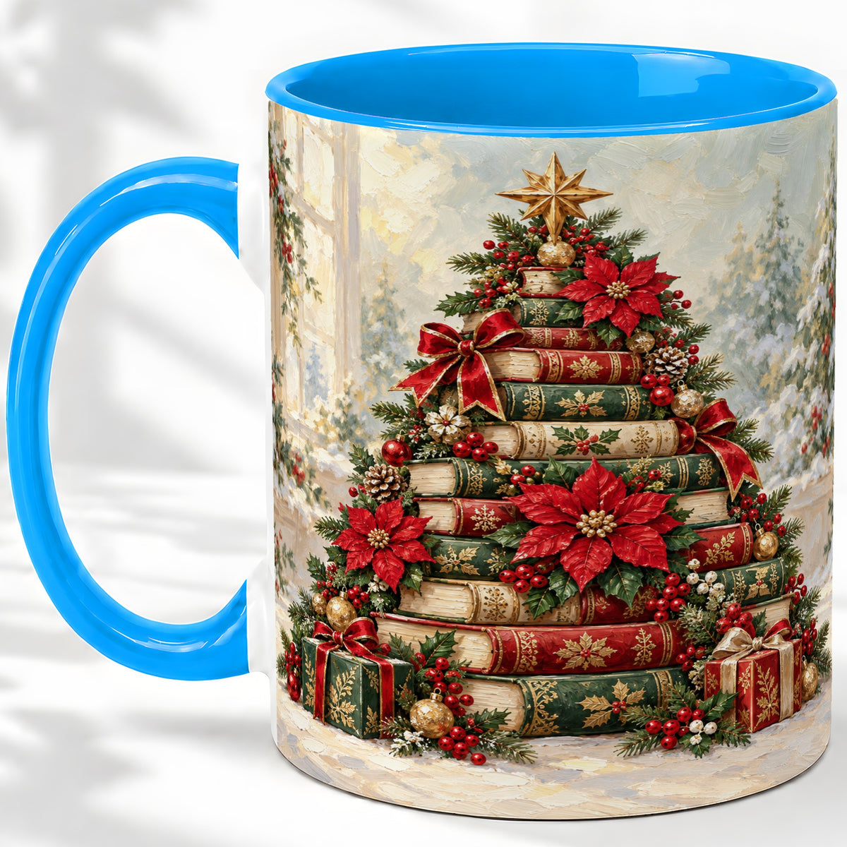 #pl[11oz|Blue] Poinsettia Christmas Book Tree Accent Ceramic Mug