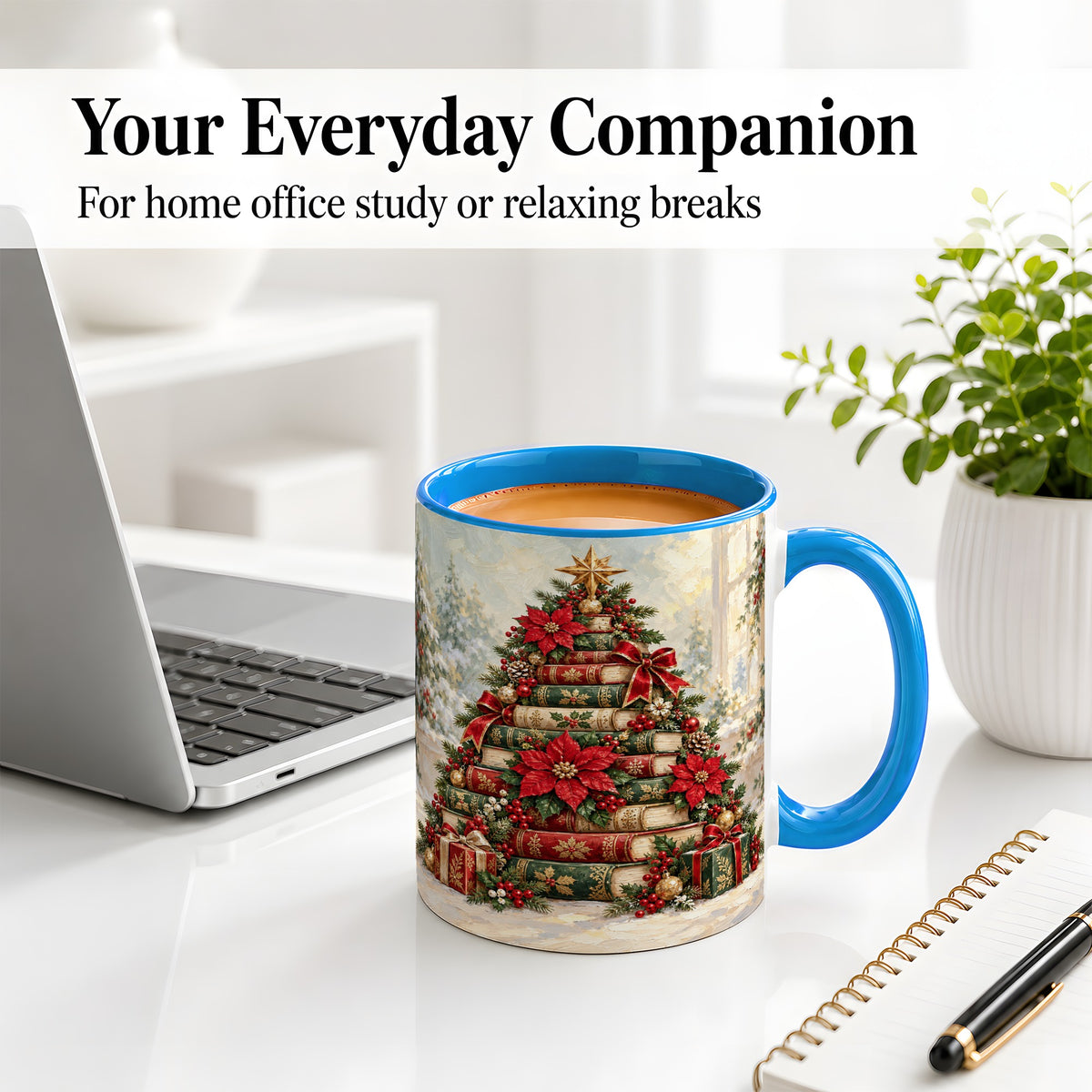 #pl[11oz|Blue] Poinsettia Christmas Book Tree Accent Ceramic Mug