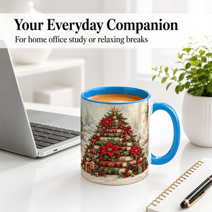 #pl[11oz|Blue] Poinsettia Christmas Book Tree Accent Ceramic Mug