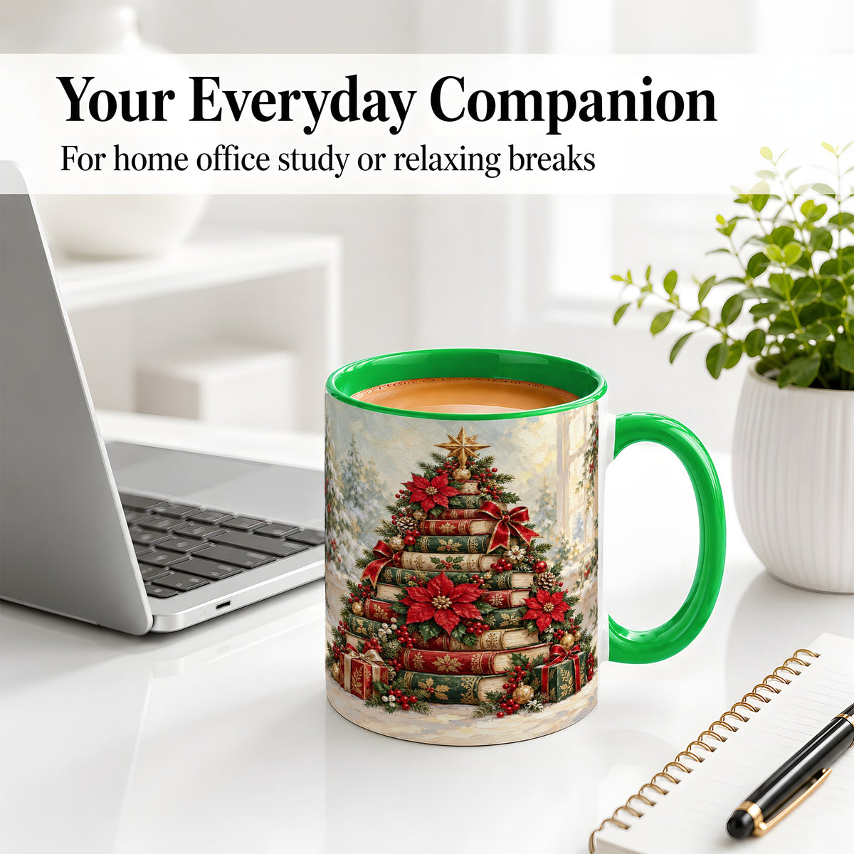 #pl[11oz|Green] Poinsettia Christmas Book Tree Accent Ceramic Mug