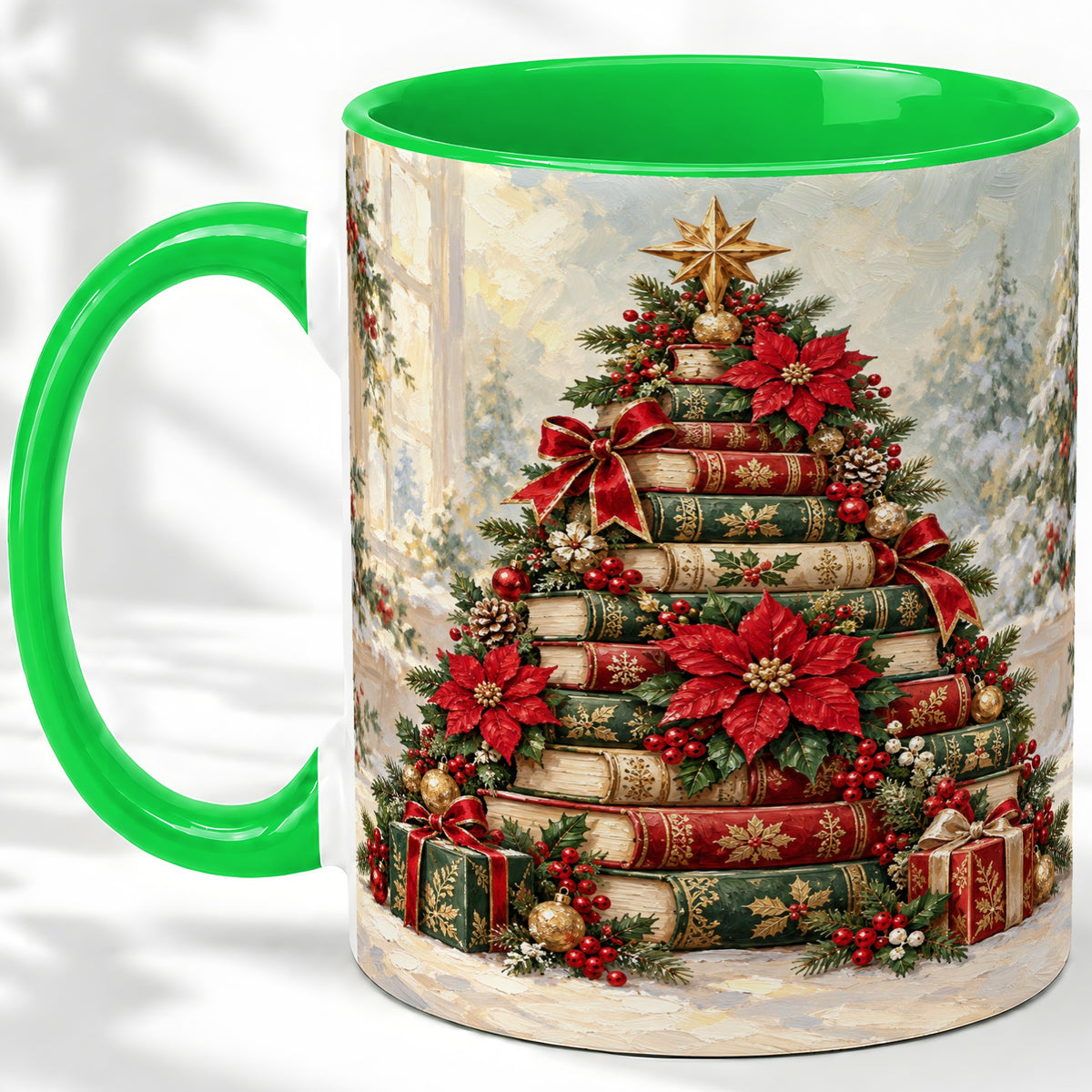 #pl[11oz|Green] Poinsettia Christmas Book Tree Accent Ceramic Mug
