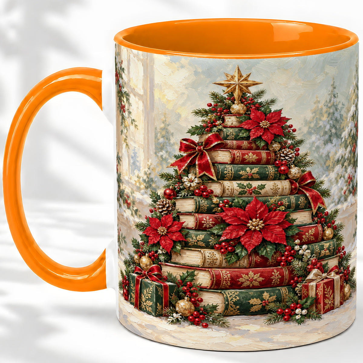 #pl[11oz|Orange] Poinsettia Christmas Book Tree Accent Ceramic Mug