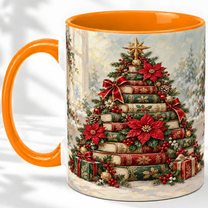 #pl[11oz|Orange] Poinsettia Christmas Book Tree Accent Ceramic Mug