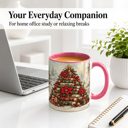 #pl[11oz|Pink] Poinsettia Christmas Book Tree Accent Ceramic Mug
