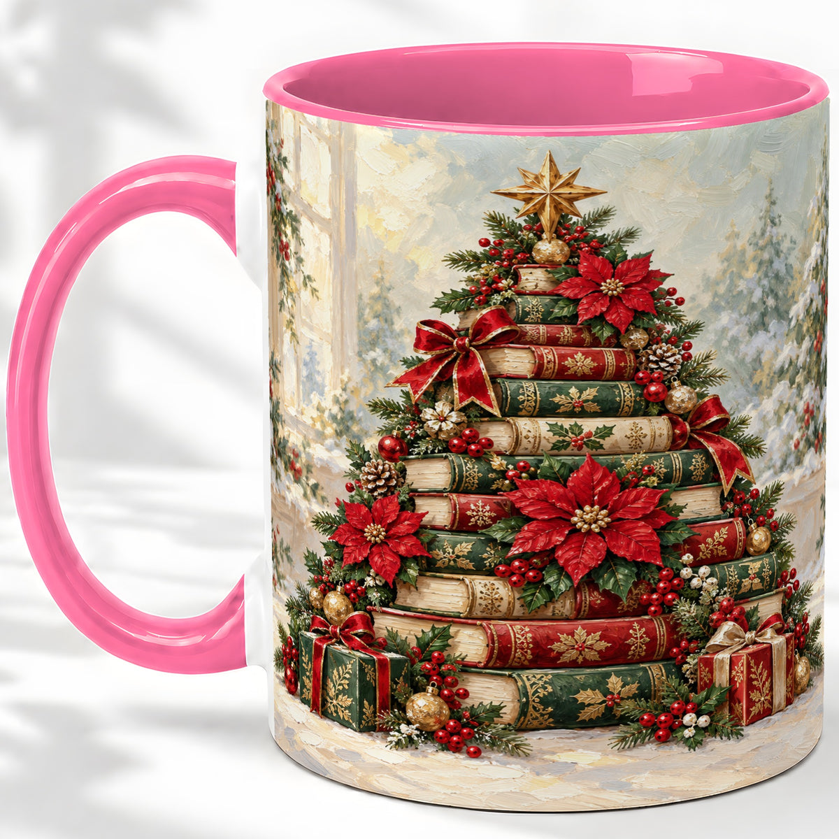 #pl[11oz|Pink] Poinsettia Christmas Book Tree Accent Ceramic Mug