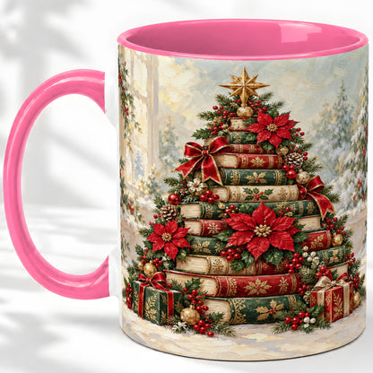 #pl[11oz|Pink] Poinsettia Christmas Book Tree Accent Ceramic Mug