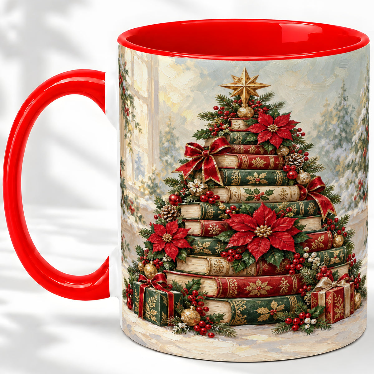Poinsettia Christmas Book Tree Accent Ceramic Mug
