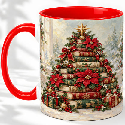 Poinsettia Christmas Book Tree Accent Ceramic Mug