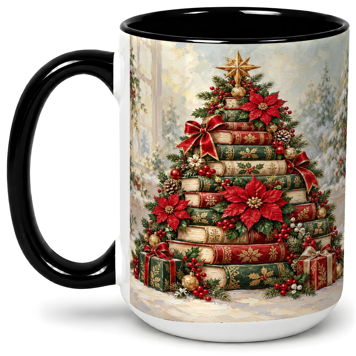 #pl[15oz|Black] Poinsettia Christmas Book Tree Accent Ceramic Mug