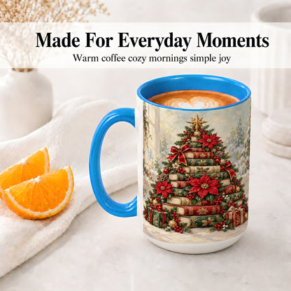 #pl[15oz|Blue] Poinsettia Christmas Book Tree Accent Ceramic Mug