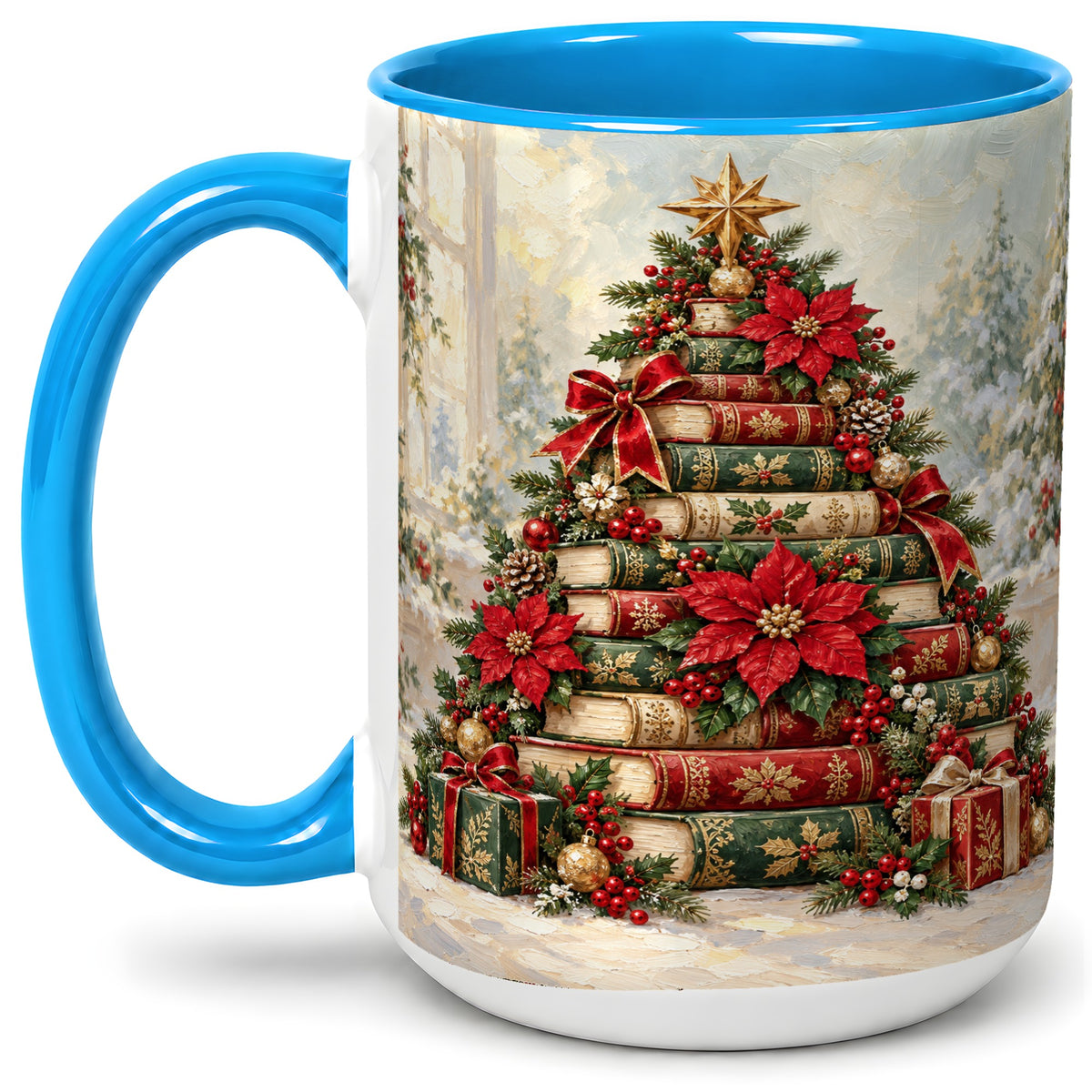 #pl[15oz|Blue] Poinsettia Christmas Book Tree Accent Ceramic Mug