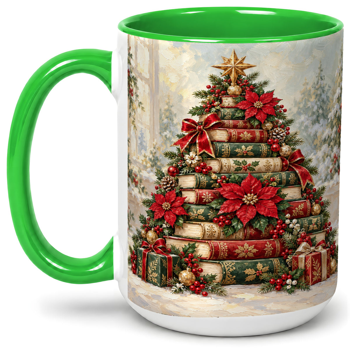 #pl[15oz|Green] Poinsettia Christmas Book Tree Accent Ceramic Mug