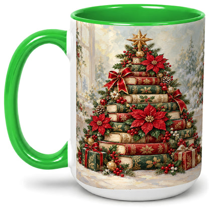 #pl[15oz|Green] Poinsettia Christmas Book Tree Accent Ceramic Mug