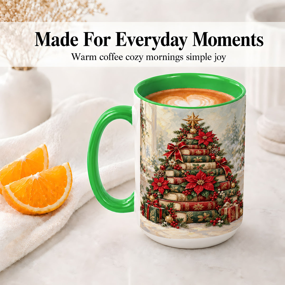 #pl[15oz|Green] Poinsettia Christmas Book Tree Accent Ceramic Mug