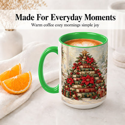 #pl[15oz|Green] Poinsettia Christmas Book Tree Accent Ceramic Mug