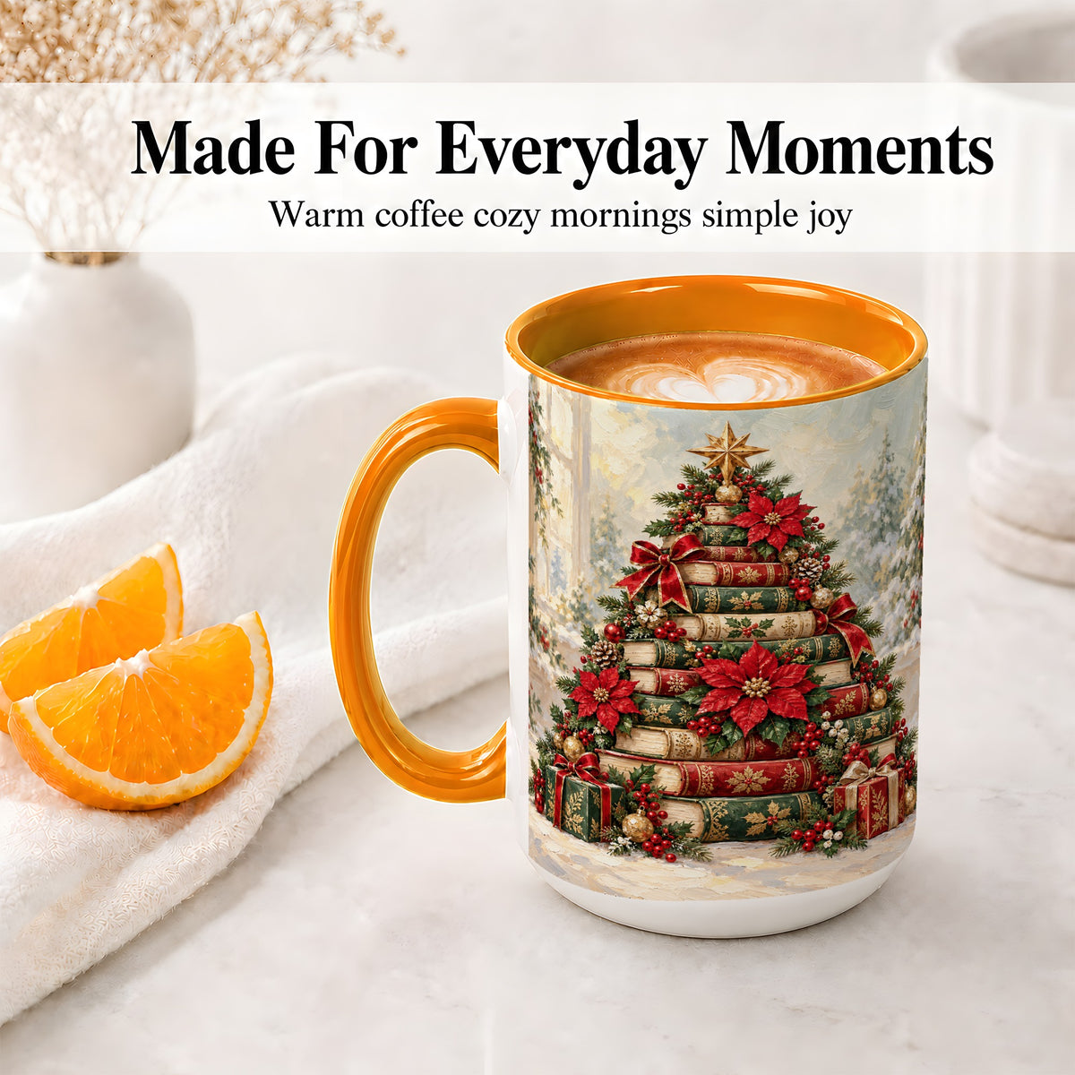 #pl[15oz|Orange] Poinsettia Christmas Book Tree Accent Ceramic Mug