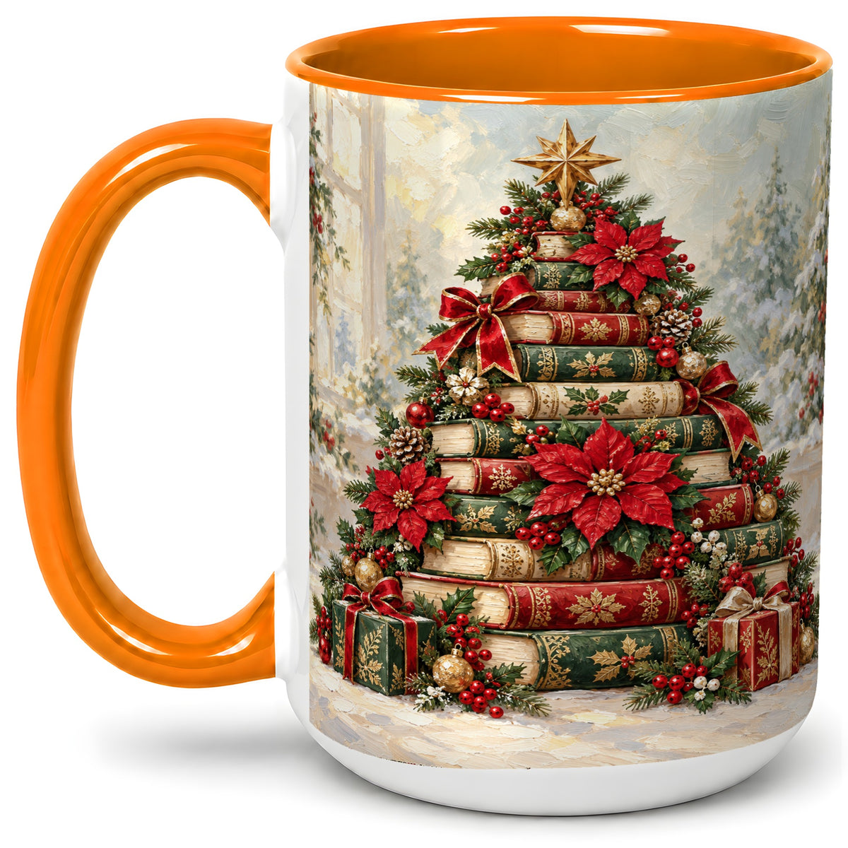 #pl[15oz|Orange] Poinsettia Christmas Book Tree Accent Ceramic Mug