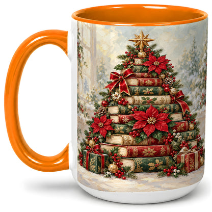 #pl[15oz|Orange] Poinsettia Christmas Book Tree Accent Ceramic Mug