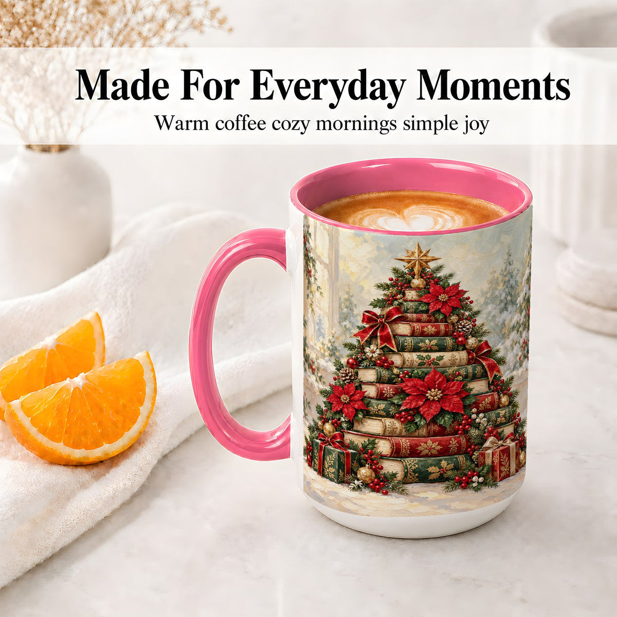 #pl[15oz|Pink] Poinsettia Christmas Book Tree Accent Ceramic Mug
