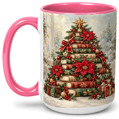 #pl[15oz|Pink] Poinsettia Christmas Book Tree Accent Ceramic Mug