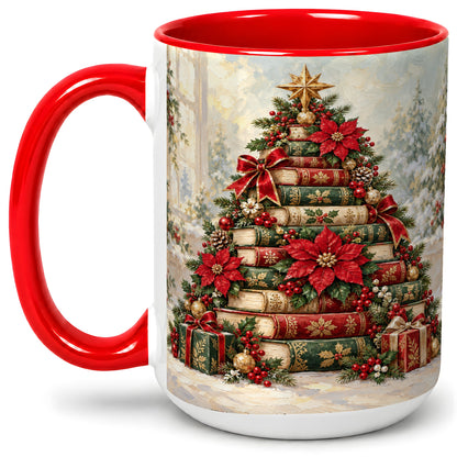 #pl[15oz|Red] Poinsettia Christmas Book Tree Accent Ceramic Mug