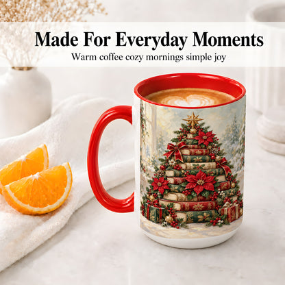 #pl[15oz|Red] Poinsettia Christmas Book Tree Accent Ceramic Mug