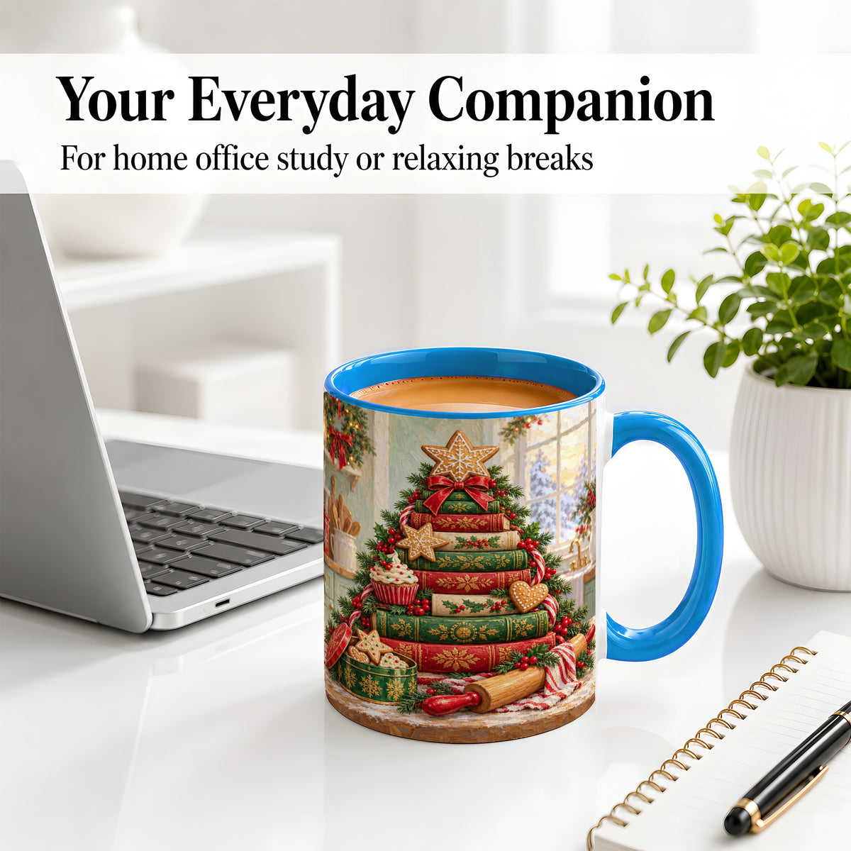 #pl[11oz|Blue] Gingerbread Christmas Book Tree Accent Ceramic Mug