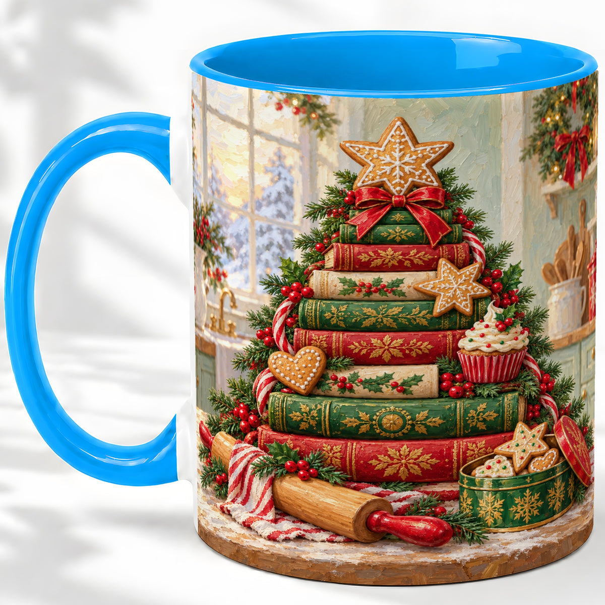 #pl[11oz|Blue] Gingerbread Christmas Book Tree Accent Ceramic Mug