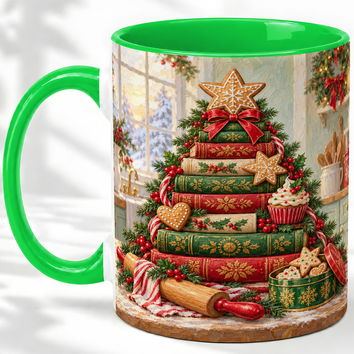 #pl[11oz|Green] Gingerbread Christmas Book Tree Accent Ceramic Mug