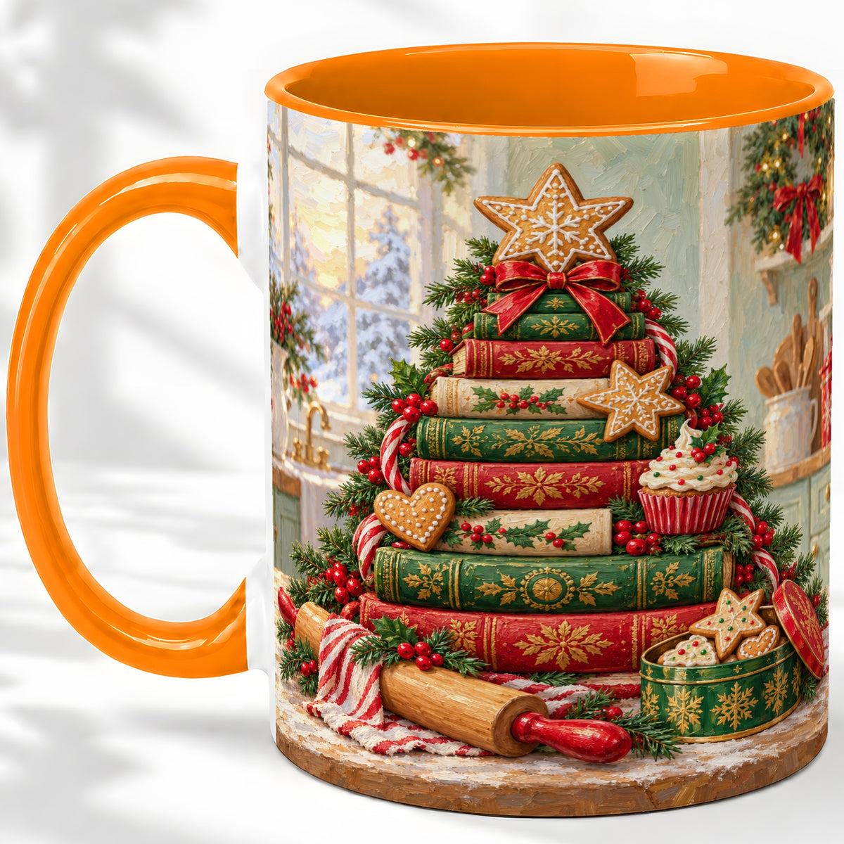 #pl[11oz|Orange] Gingerbread Christmas Book Tree Accent Ceramic Mug