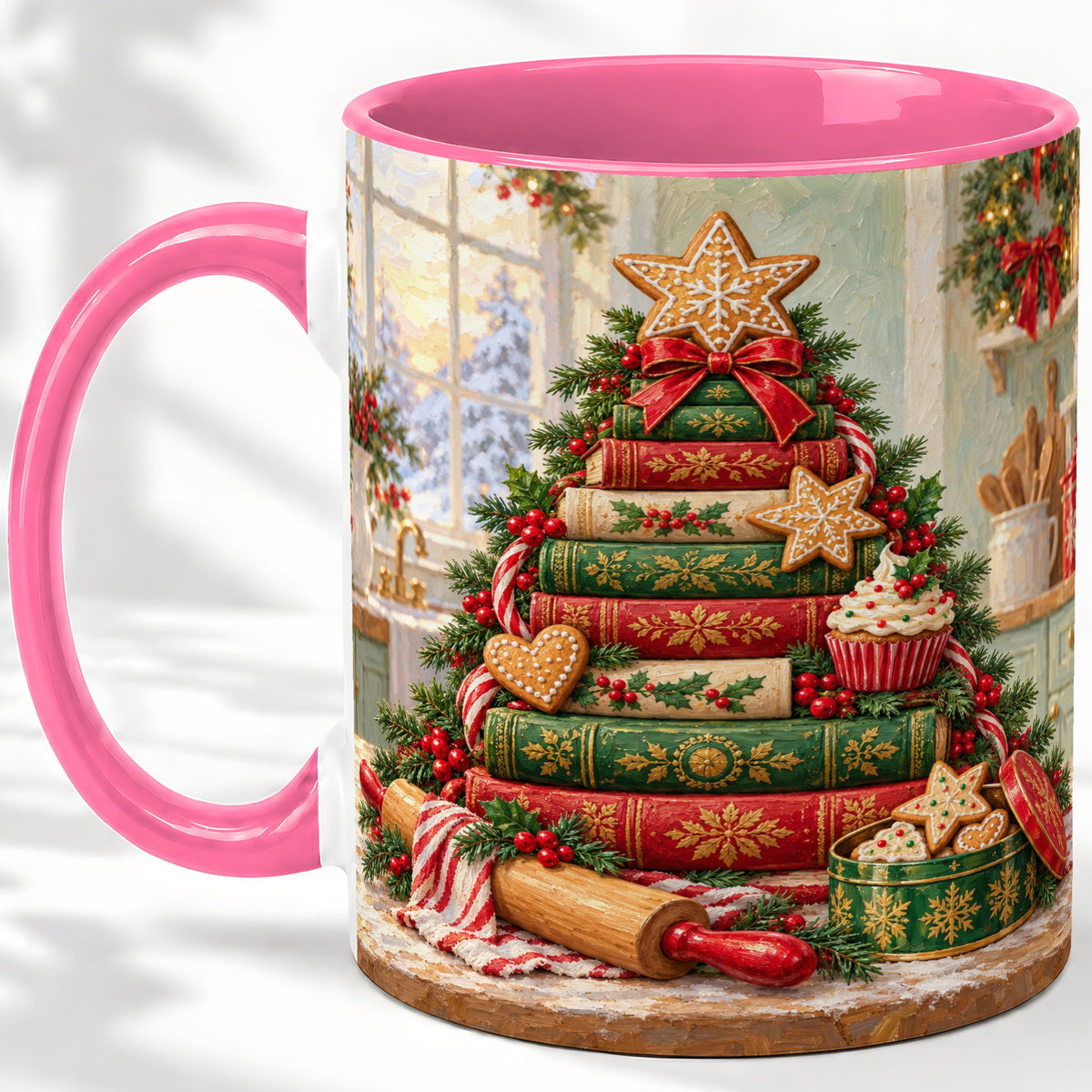 #pl[11oz|Pink] Gingerbread Christmas Book Tree Accent Ceramic Mug