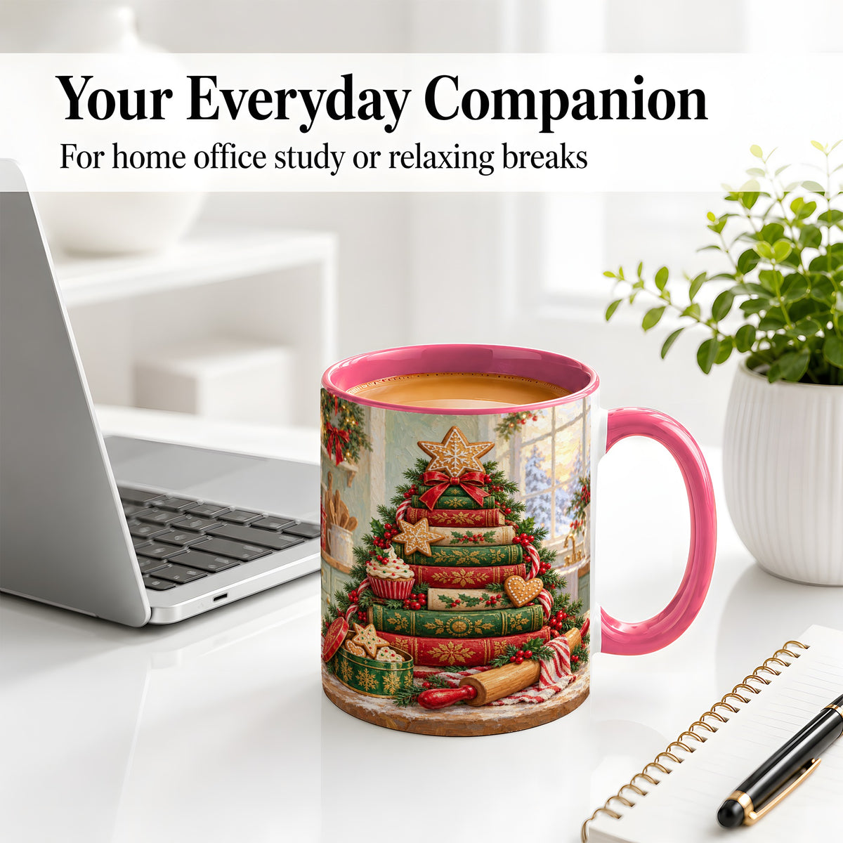 #pl[11oz|Pink] Gingerbread Christmas Book Tree Accent Ceramic Mug