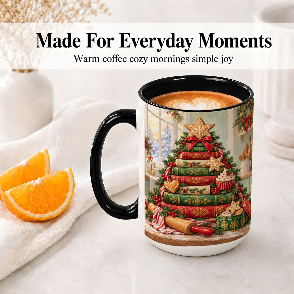 #pl[15oz|Black] Gingerbread Christmas Book Tree Accent Ceramic Mug