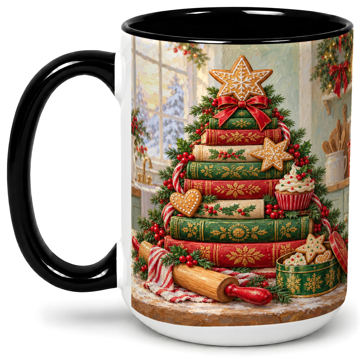 #pl[15oz|Black] Gingerbread Christmas Book Tree Accent Ceramic Mug