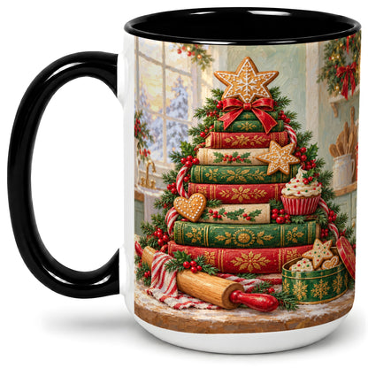 #pl[15oz|Black] Gingerbread Christmas Book Tree Accent Ceramic Mug