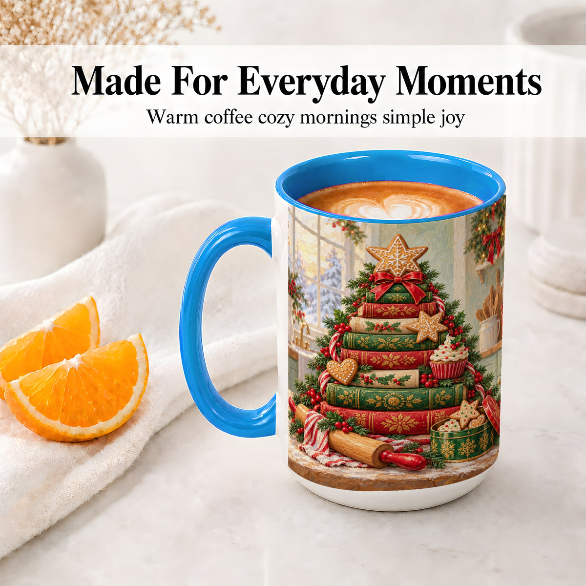 #pl[15oz|Blue] Gingerbread Christmas Book Tree Accent Ceramic Mug