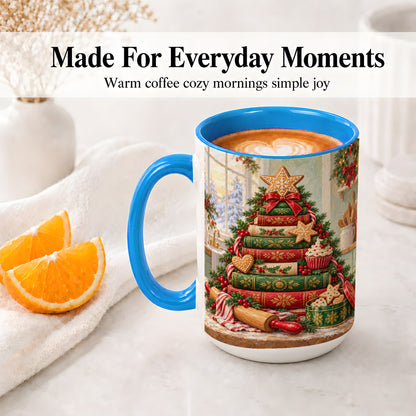 #pl[15oz|Blue] Gingerbread Christmas Book Tree Accent Ceramic Mug