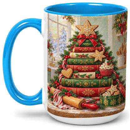 #pl[15oz|Blue] Gingerbread Christmas Book Tree Accent Ceramic Mug