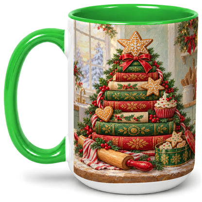 #pl[15oz|Green] Gingerbread Christmas Book Tree Accent Ceramic Mug