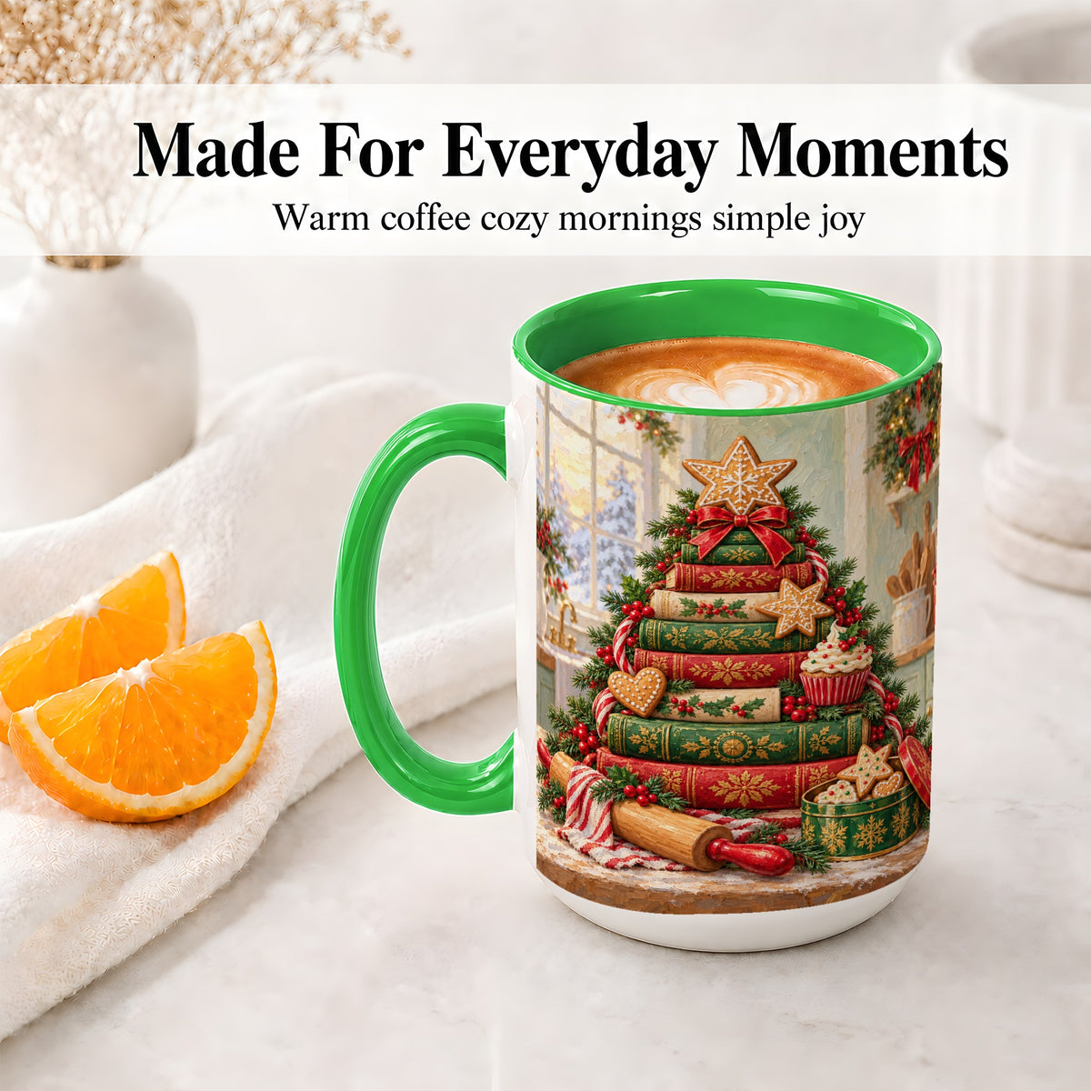 #pl[15oz|Green] Gingerbread Christmas Book Tree Accent Ceramic Mug