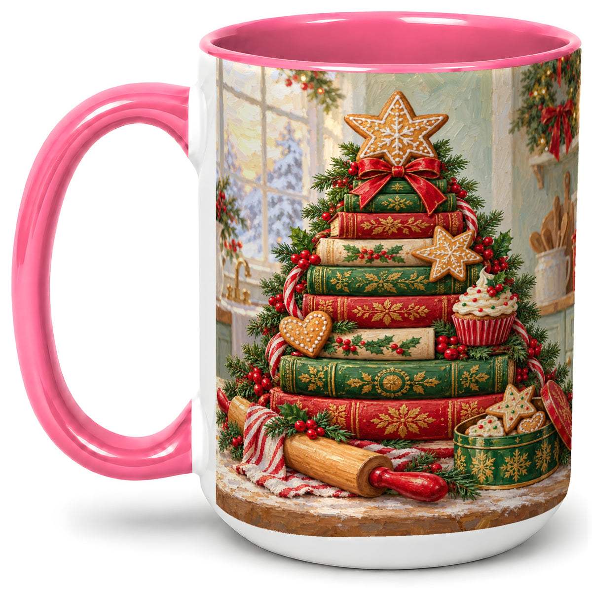 #pl[15oz|Pink] Gingerbread Christmas Book Tree Accent Ceramic Mug