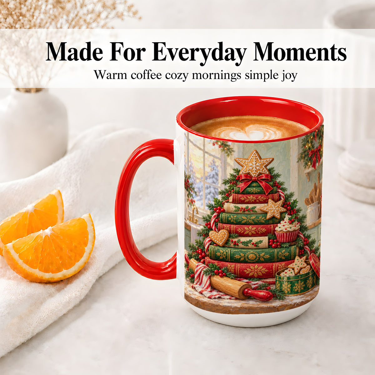 #pl[15oz|Red] Gingerbread Christmas Book Tree Accent Ceramic Mug
