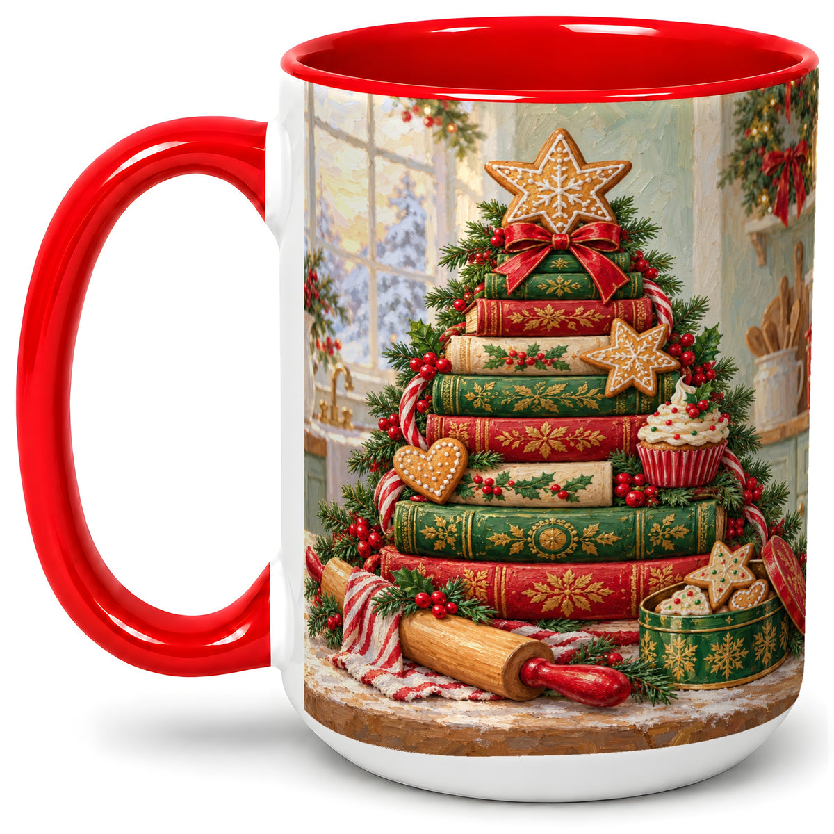 #pl[15oz|Red] Gingerbread Christmas Book Tree Accent Ceramic Mug