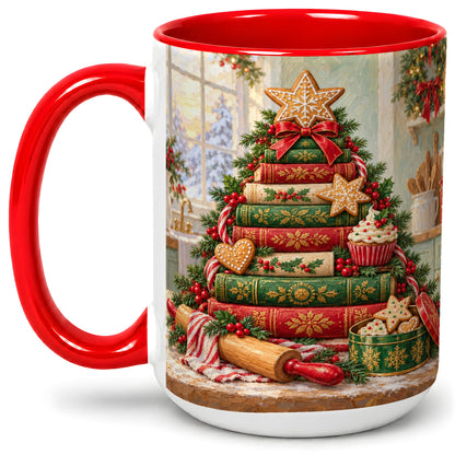 #pl[15oz|Red] Gingerbread Christmas Book Tree Accent Ceramic Mug