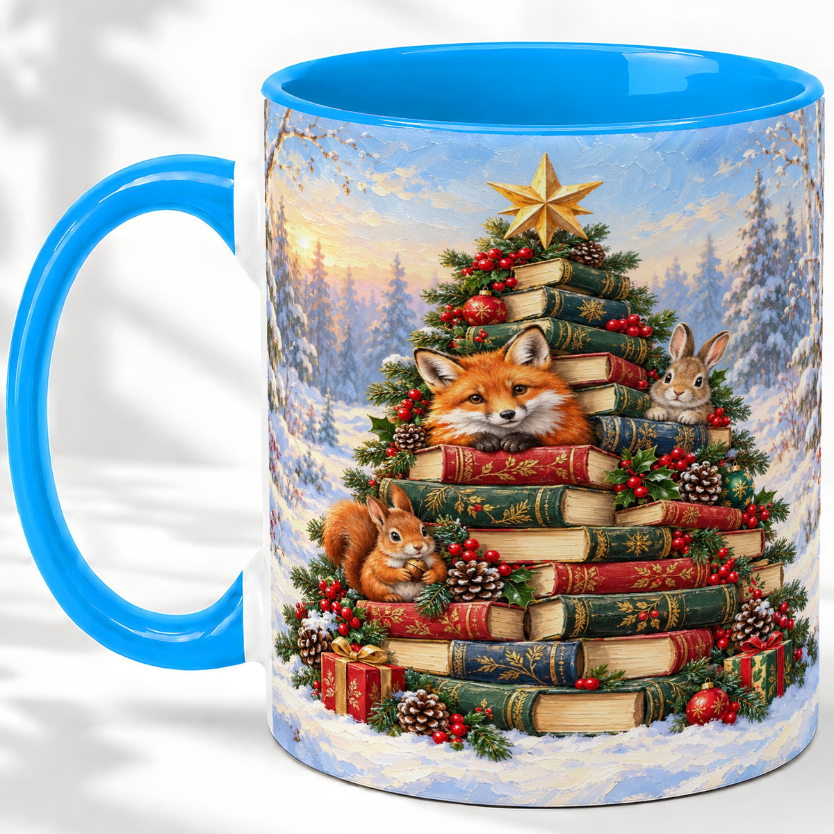 #pl[11oz|Blue] Woodland Christmas Book Tree Accent Ceramic Mug