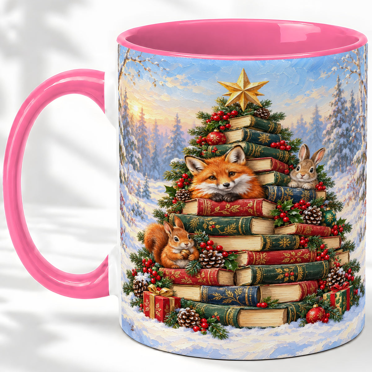 #pl[11oz|Pink] Woodland Christmas Book Tree Accent Ceramic Mug